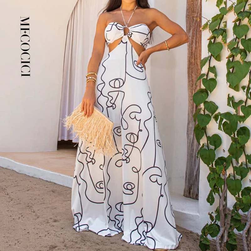 

MECOCICI Women Maxi Dress Line Abstract Print Backless Halterneck Hollow Out Sleeveless Loose Elegant Party Beach Sexy Dresses