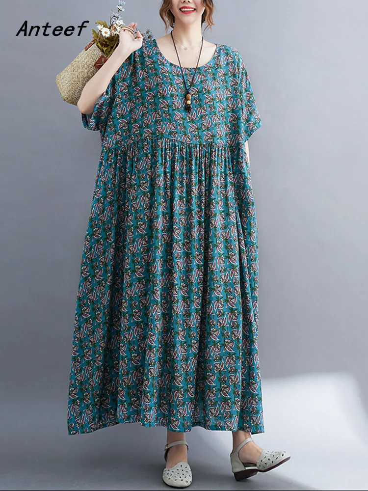 

Anteef short sleeve oversize cotton vintage floral dresses for women casual loose long summer dress elegant clothing 2022