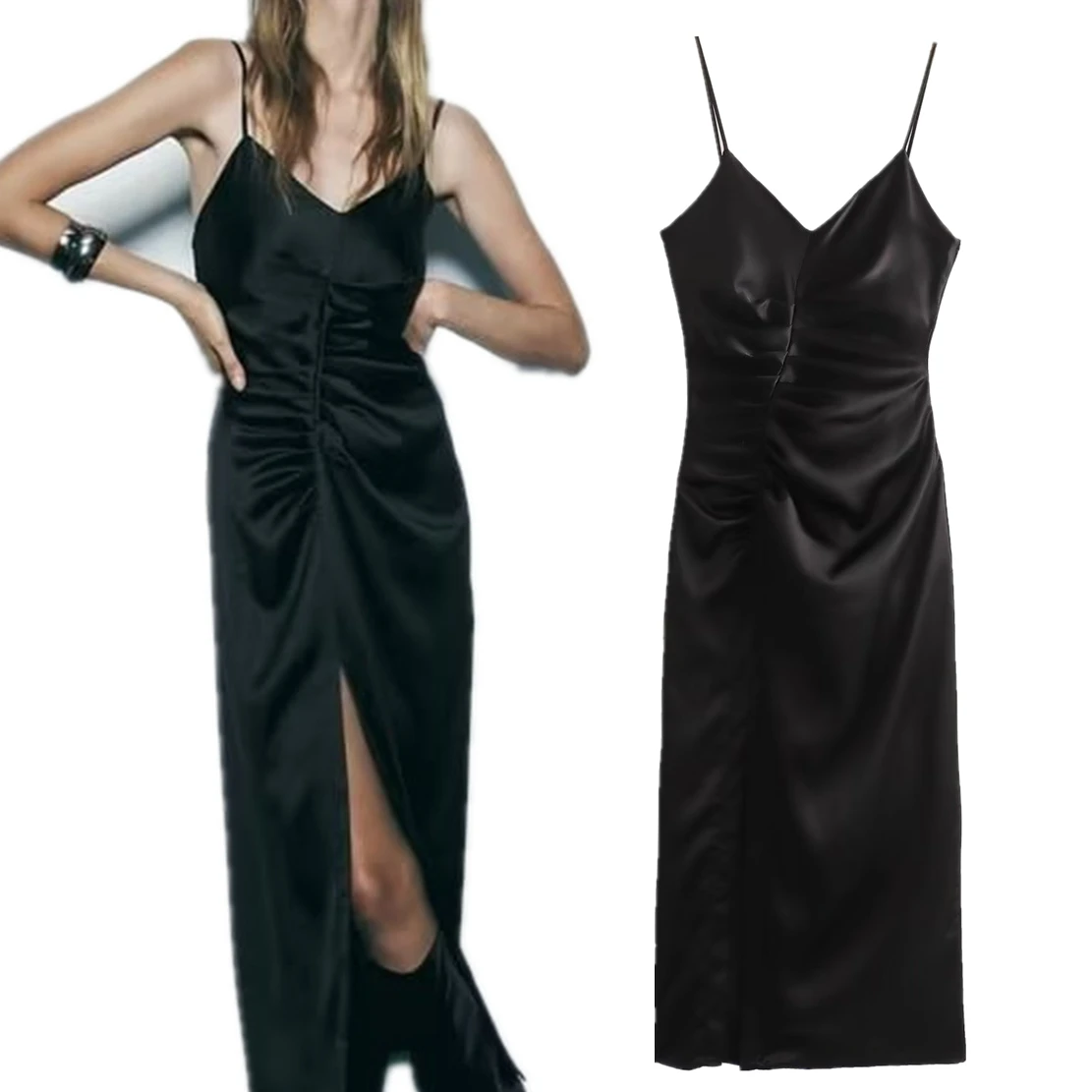 

Elmsk Fashionable Split Satin Dress French Pleated Party Sexy Fashion Girl Strap Dress Women