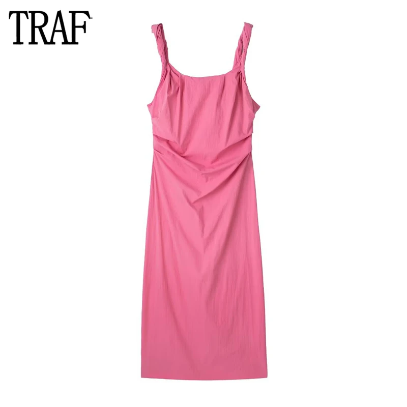 

TRAF Pink Draped Slip Dress Women Ruched Midi Dress Woman Sexy Backless Long Dresses for Women Straps Summer Dress Woman 2023