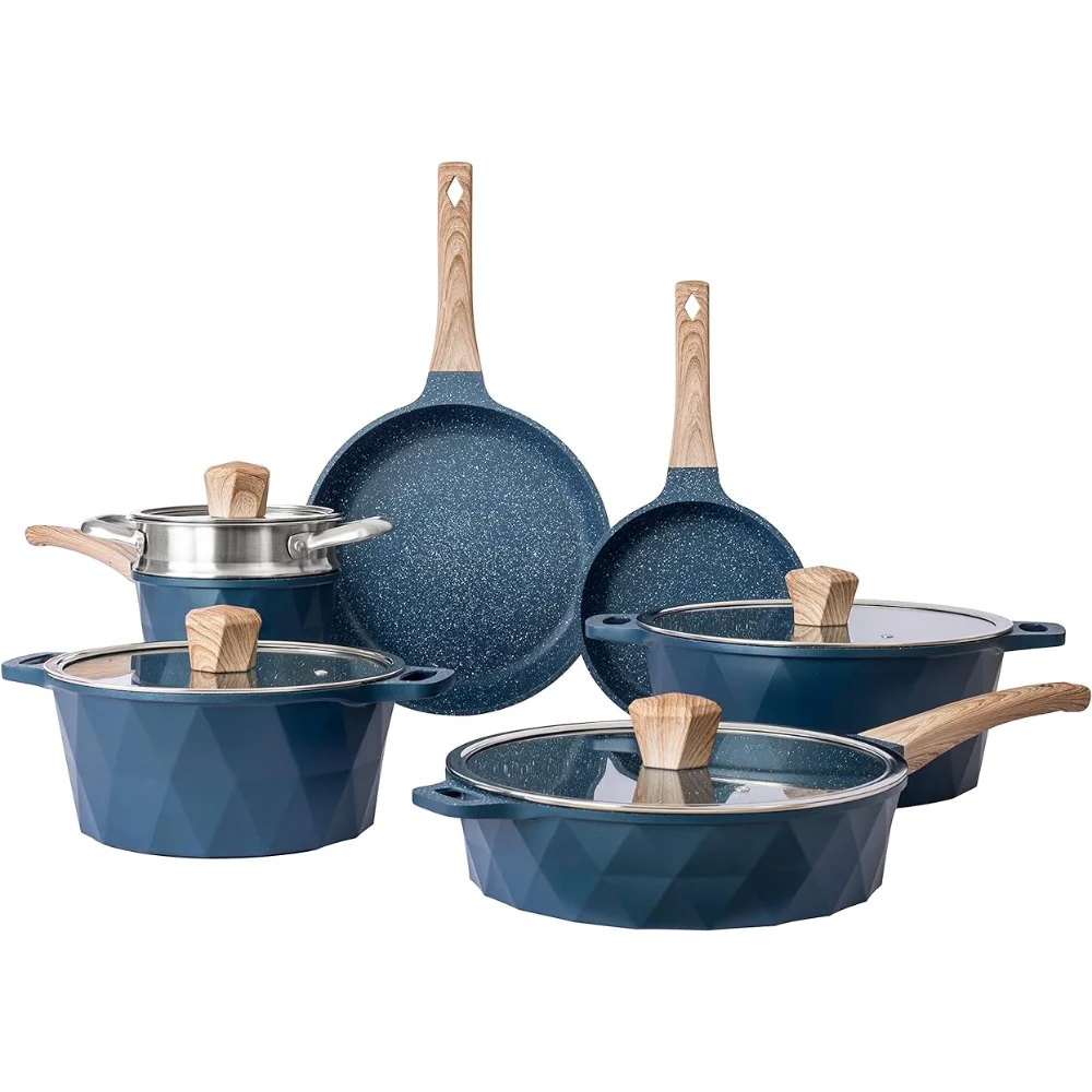 

Country Kitchen Induction Cookware Sets - 13 Piece Nonstick Cast Aluminum Pots and Pans with BAKELITE Handles, Glass Lids (Navy)