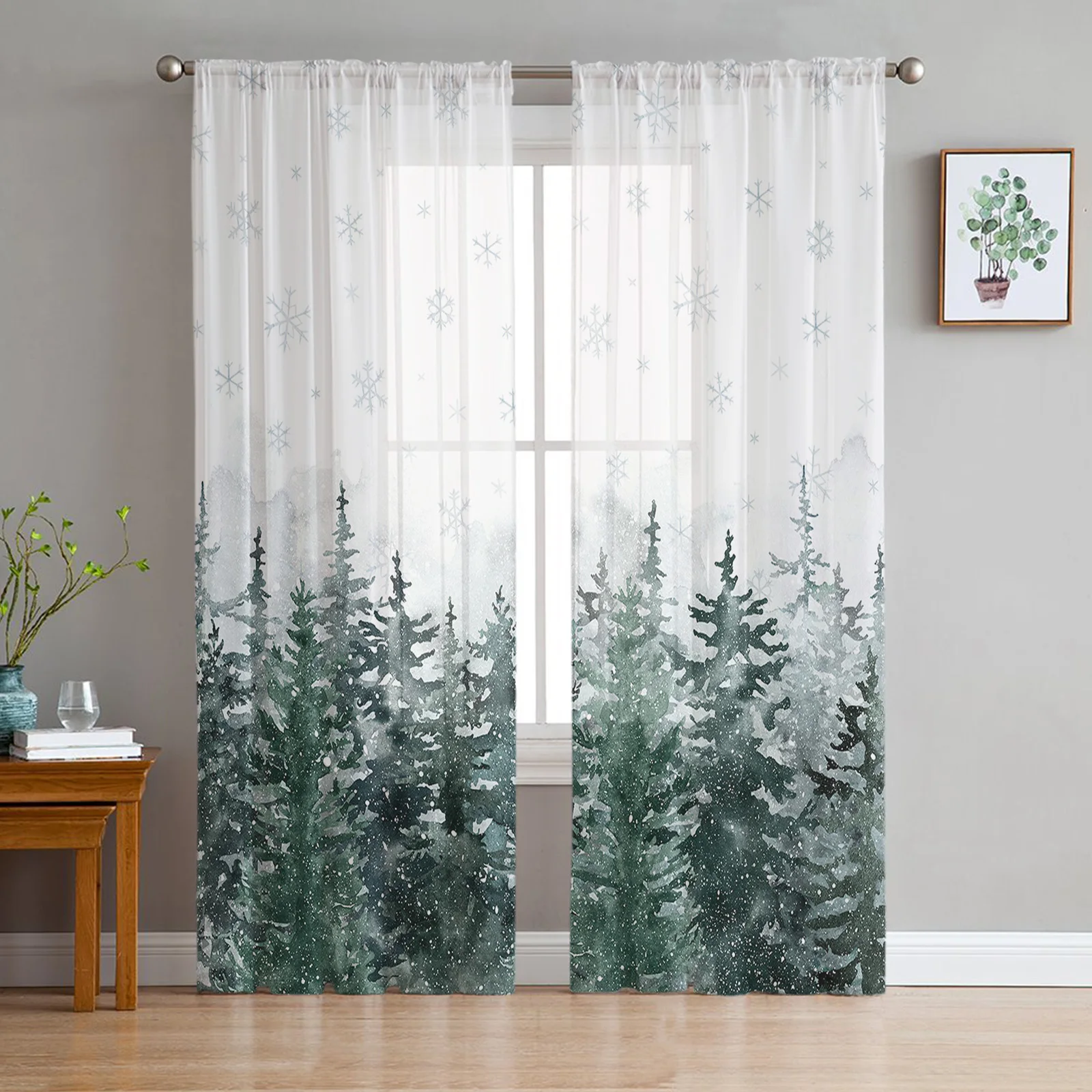 

Рождественские прозрачные Занавески с акварелью и сосновой лесной для гостиной, спальни, тюлевые занавески для кухни, домашний декор, оконные занавески