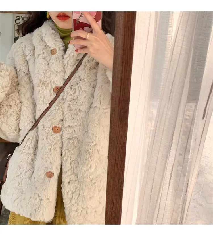 Faux Fur Coat Women's Winter Short Thickened Apricot Plush Coat Fur Sweet Cute Girl Winter Tendy Fur Clothes  Fluffy Jacket