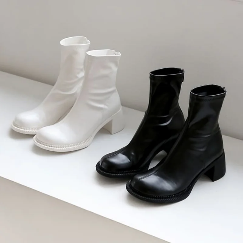 

Роскошные брендовые Модные женские белые ботильоны на блочном высоком каблуке женские ботинки челси с квадратным носком высококачественные короткие ботинки на молнии