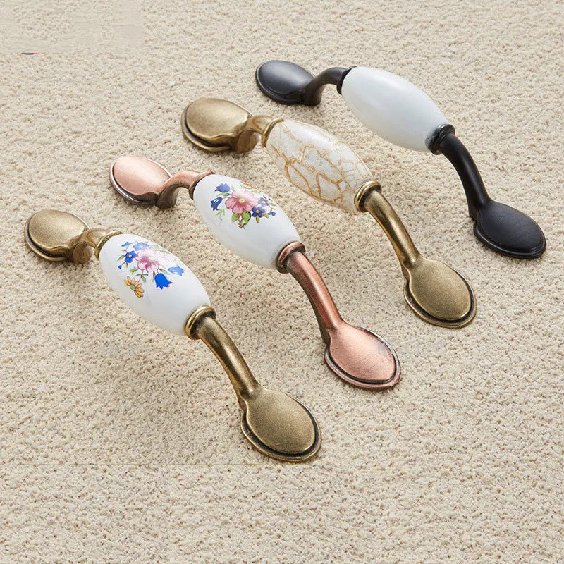 

Flower Drawer Retro White Bronze Black Ceramic And Zinc Alloy Door Dresser Knob Cabinet Cupboard Hardware