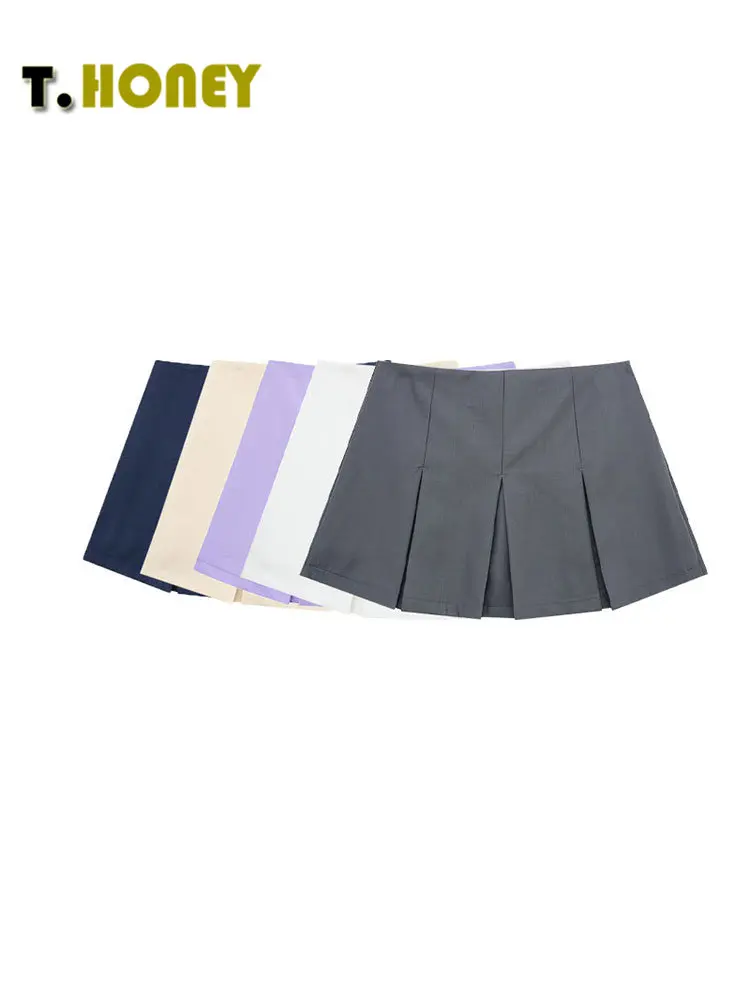 

TELLHONEY женский модный боковой молнии плиссированный однотонный мини Skort женский сексуальный трапециевидный бортик с высокой талией для женщ...