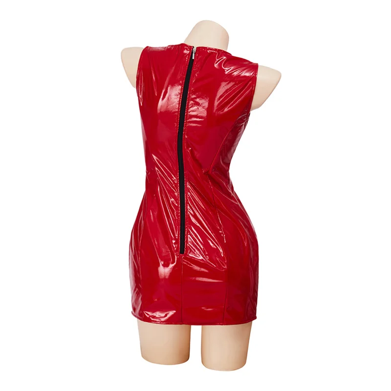 Pam &amp Tommy Pamela Anderson Cosplay Costume Sexy Red Leather Mini Sleeveless Bodycon Dress Party Ball Gown