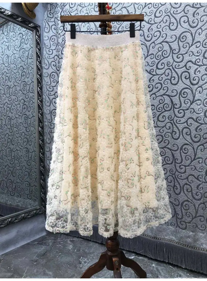 High Quality Brand Skirts 2022 Spring Summer Party Skirt Women Elastic Waist Sequined Flower Patterns Mid-Calf Mesh Skirts