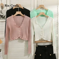 rin confa short thin knitting tops women korean fashion vertical stripes single breasted cardigan v neck long sleeve t shirt