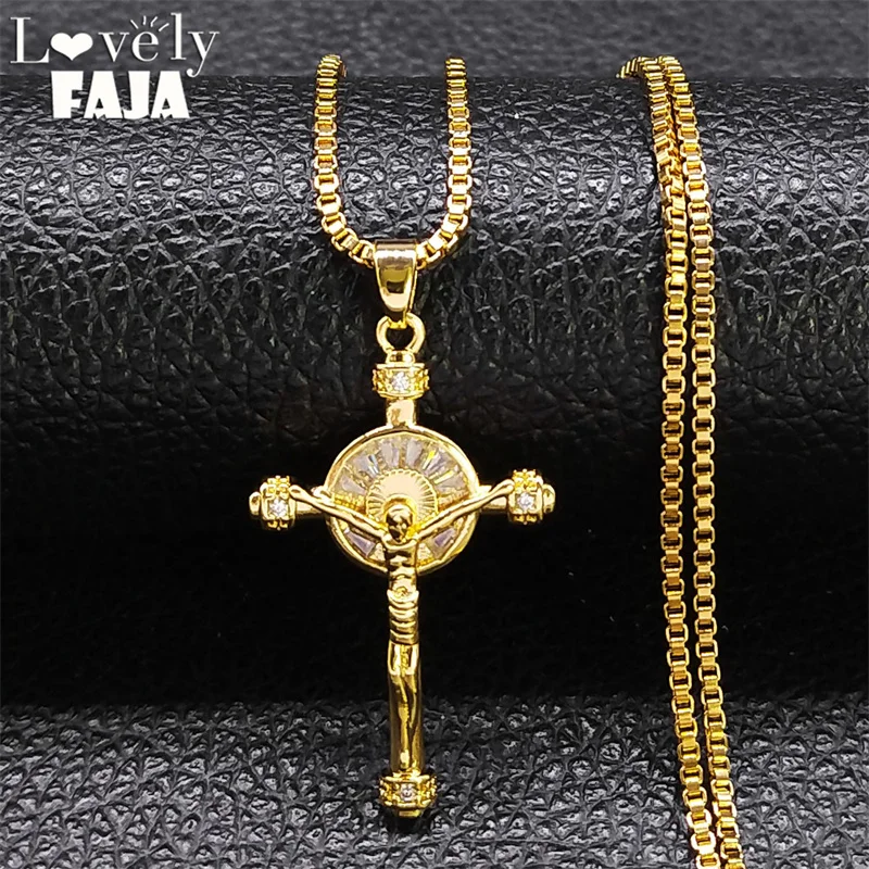 

Shinny Zircon Crucifix Pendant Necklace for Women Men Stainless Steel Jesus Metal Cross Crystal Choker Zirconia Necklaces Jewelr