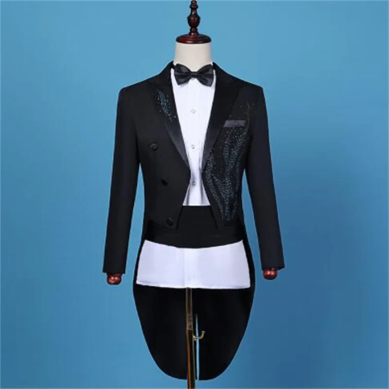 New tuxedo suit men's blazers blue diamond jackets wedding host studio stage performance costume chorus conductor dress black