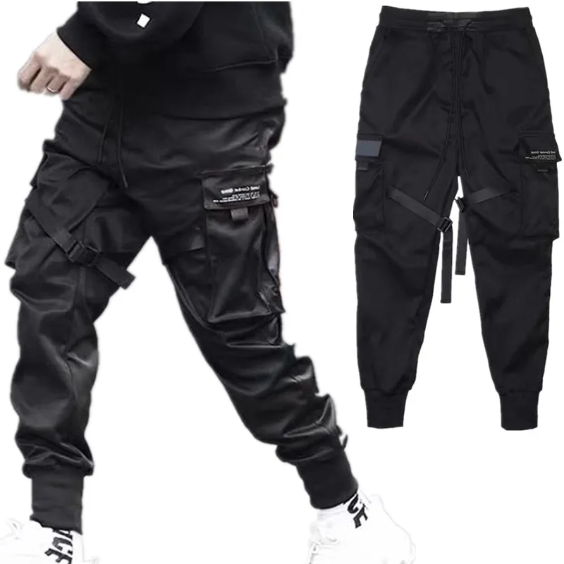 

Hip Hop Boy Pockets Elastic Waist Harem Pant Men Streetwear Punk Casual Ribbons Design Trousers Jogger Male Dancing Black Pant
