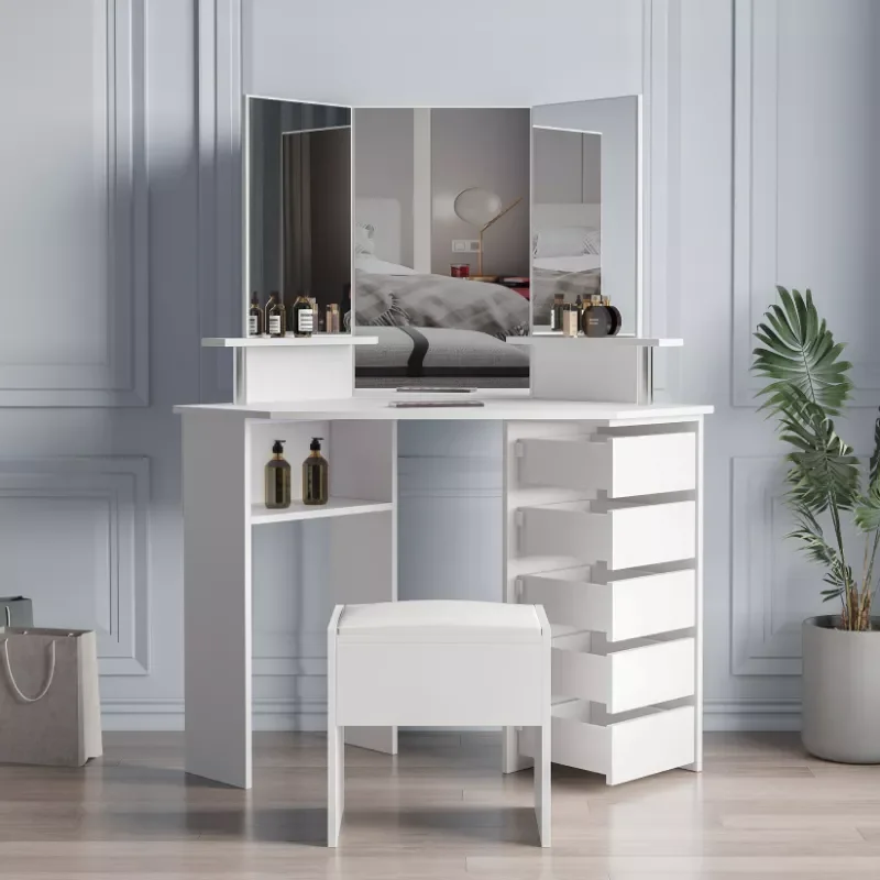 

[Flash Deal] Corner Dressing Table Make Up Desk with Three-fold Mirror and 5 Rotary Drawer Wooden Bedroom Vanity Table (White)