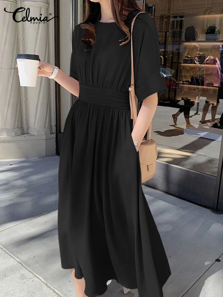 

Celmia O-neck Short Sleeve Robes Femme Fashion Pleats Women Streetwear Long Dress Casual Loose Elegant Lady Solid Midi Vestidos