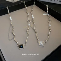rock style square rhinestone pendant necklace jewelri charm pearl bamboo chain necklac for woman fashion 2022