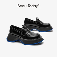 beautoday loafers platform women cow leather retro penny shoes square toe slip on female casual flats handmade 26525