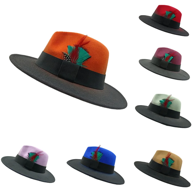

feather Men fedora red bottom fedora for women and men party hat men hat for winter elastic band felt hat jazz church hat