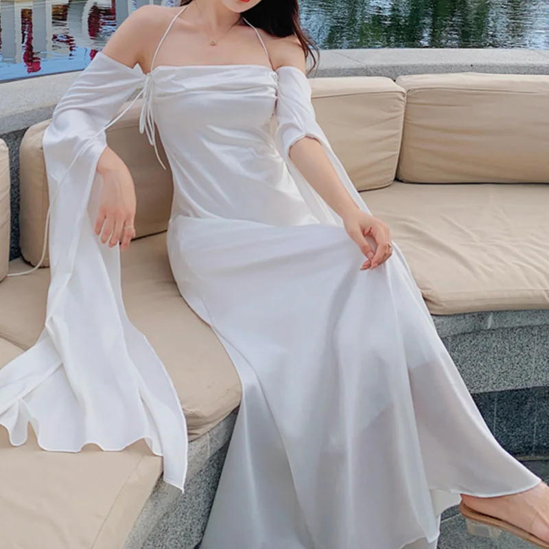

Sexy White Satin Dress Women Slash Neck Long Sleeve Elegant Evening Vestido Lady Clothing Vintage Luxury Design Party Bodycon