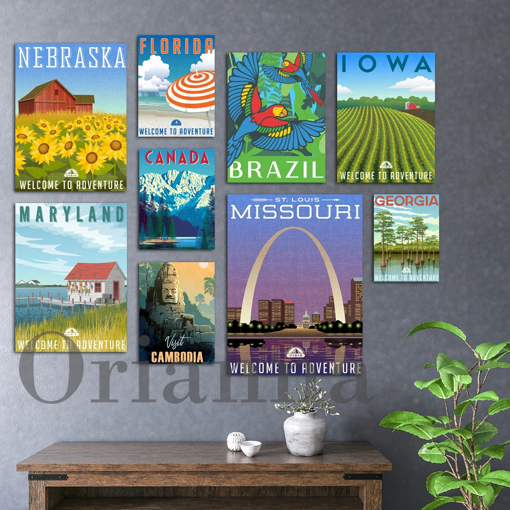 Джорджия Флорида Айова Мэриленд Миссисипи Небраска Миссури Бангкок Бразилия Камбоджа канада путешествия постер печать Настенный декор
