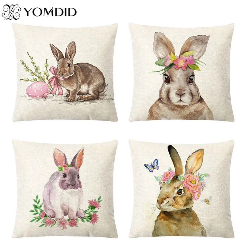 

Animal Rabbit Deer Flower Crown Nursery Printed Decorative Cushion Cover Pillow Case Linen Cushion Cover Sofa Easter Decoration