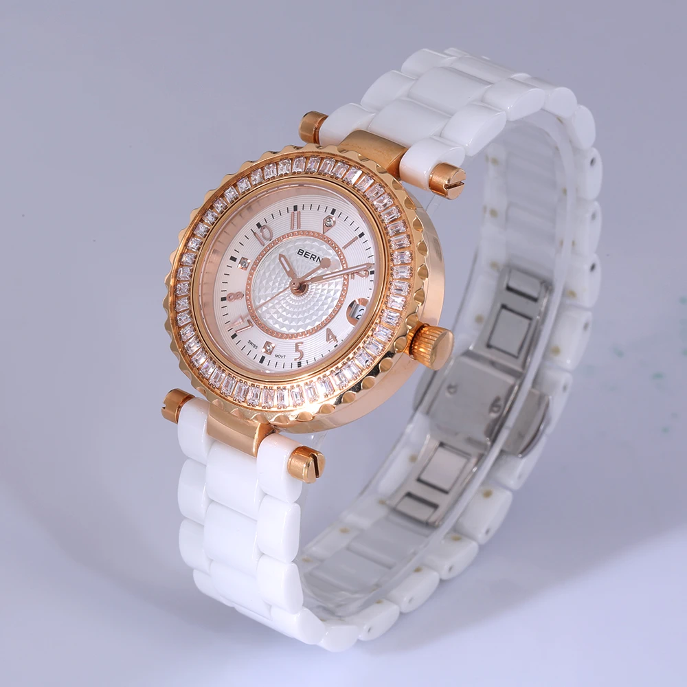 BERNY Women Quartz Watch Swiss 705 Diamond Luxury Brand Fashion Ceramic Bracelet Wristwatch Sapphire Rhinestones Watch Ladies