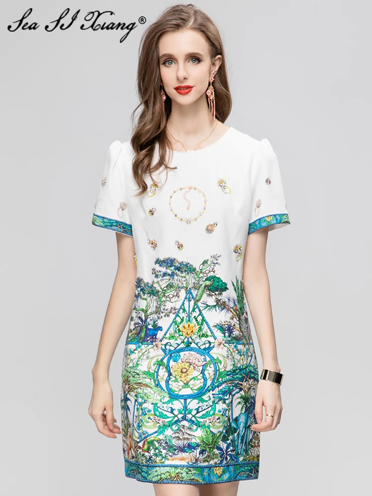

Seasixiang Fashion Designer Early Autumn Mini Dress Women O-Neck Short Sleeve Crystal Diamond Flowers Print Vintage Dresses