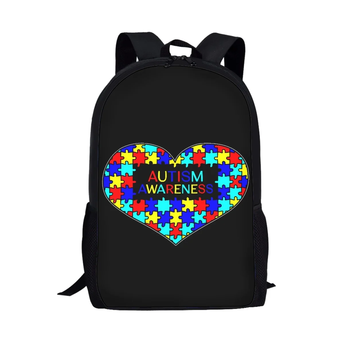 

Autism Awareness Backpack Black Puzzle Large Capacity Side Pocket Children Students Satchel Multifunctional Cartoon Custom