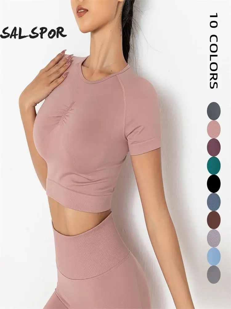 

SALSPOR Seamless Knitted Solid Color Chest T-shirt Sports Running Fitness Yoga Camisole Clothes Short-sleeved Top Women Tights