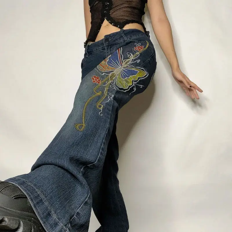 

Butterfly Embroidery High Street Denim Pant Vintage Ankle-Length Pants American Women Fashion Zipper Fly Jeans Blue Straight Y2k
