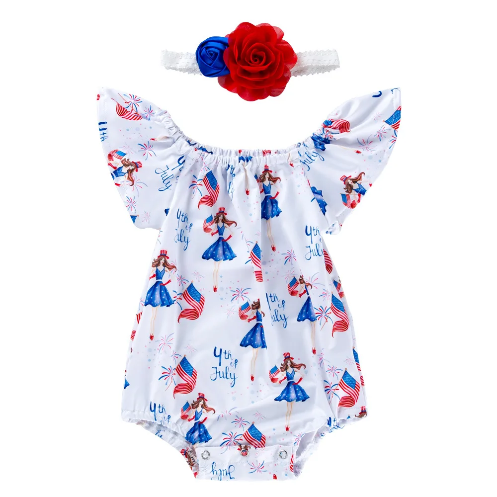 

Baby Girl Clothe Firt Birthday Outfit Cute Printed Fly leeve Bodyuit Romper with Flower Headband Holiday Beachwear