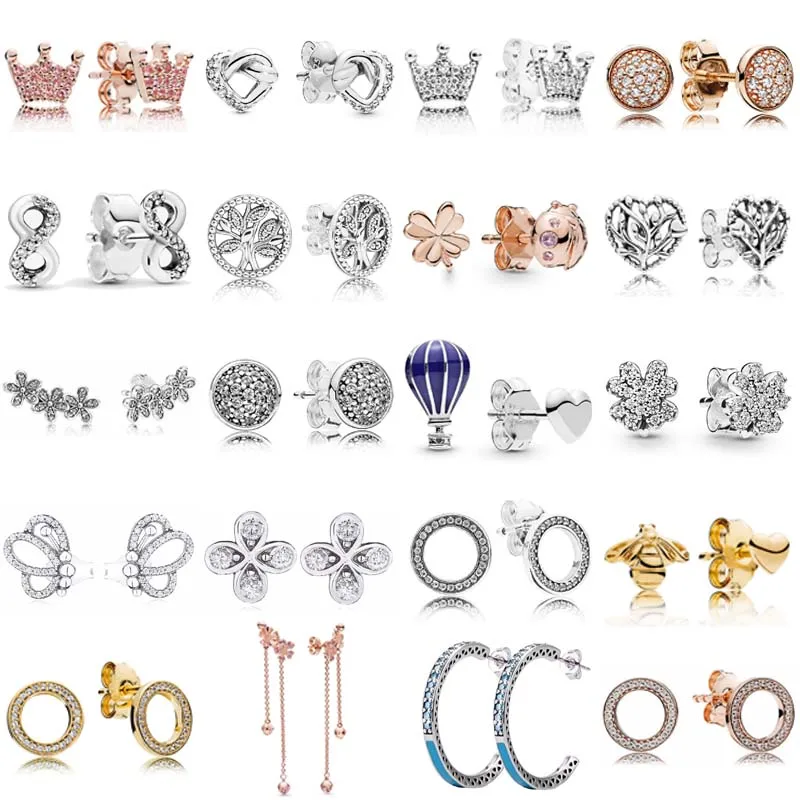 

925 Sterling Silver Dazzling Droplets Enchanted Crown Circular Forever Tree Of Love Earring For Women DIY Gift pandora Jewelry