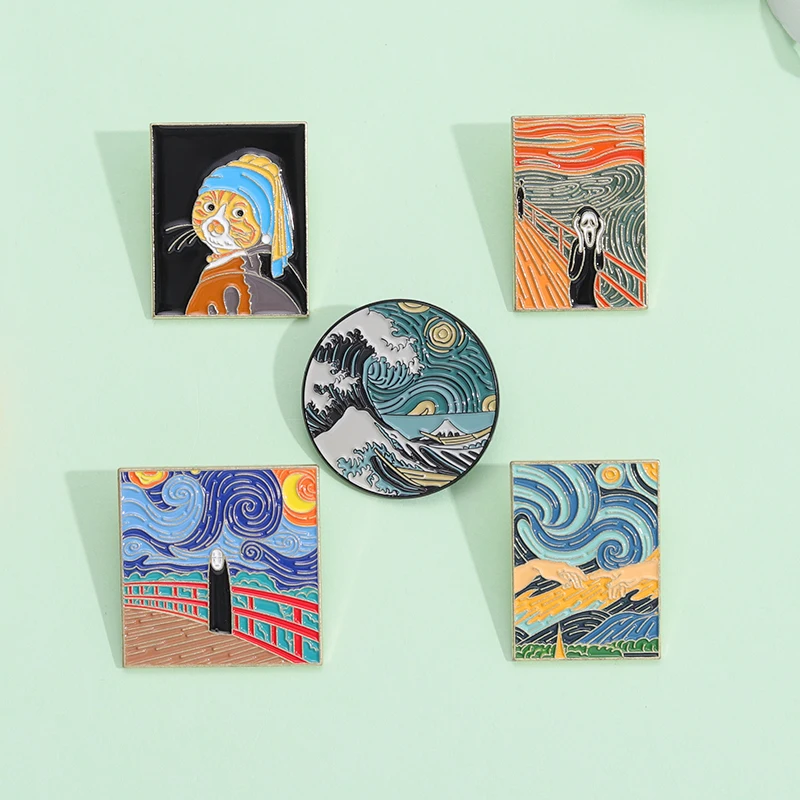 

Oil Painting Enamel Pins Great Wave Starry Sky Square Brooches Jewelry Accessories Backpack Clothes Lapel Pin for Friends Gift