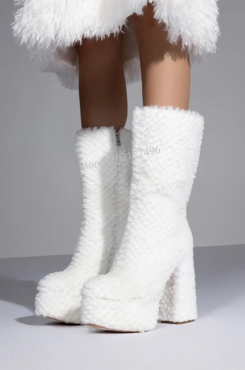 

Women Boots Winter Platform Fur Boots Thick Sole Heightened Chunky Heel Square Ankle Calf Booties Solid Black White Design Shoes