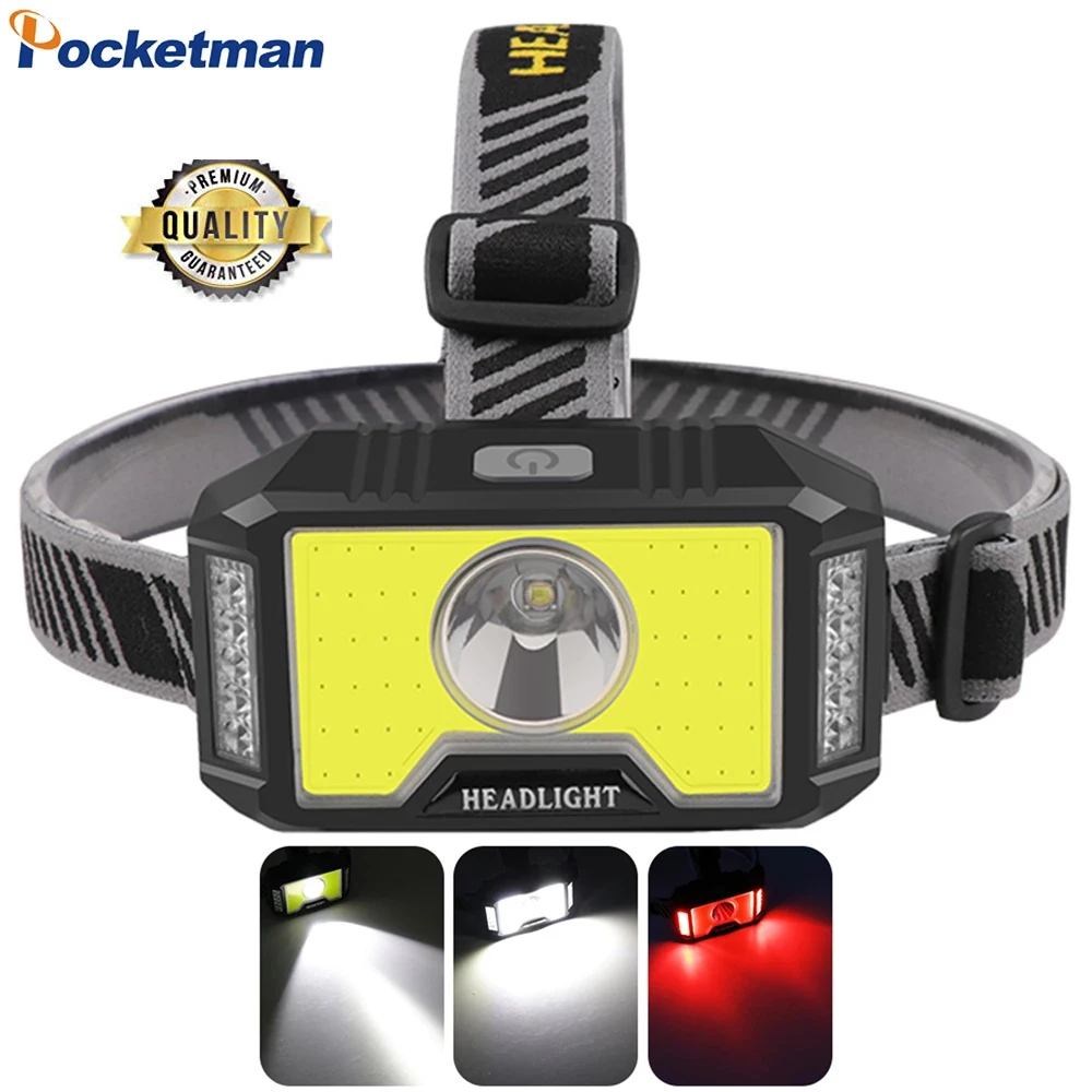 

POCKETMAN 5 Modes USB Rechargeable Headlamp White+Red Light T6+COB+10*LED Headlight Outdoor Waterproof Head Torch with Battery