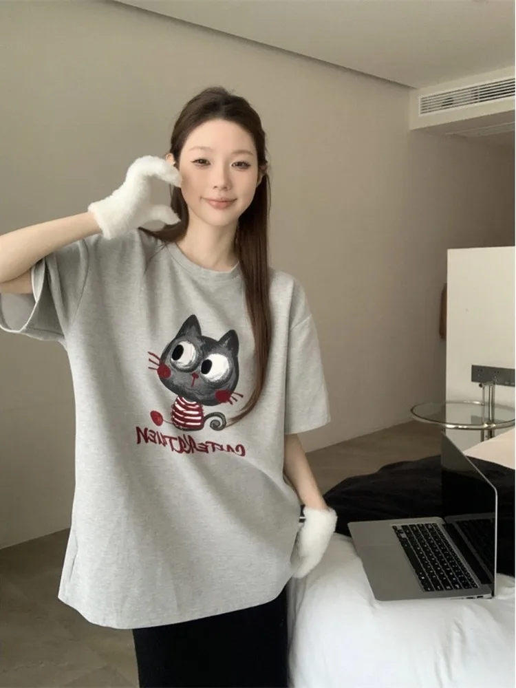 Осенне-зимняя внутренняя одежда модная футболка с мультяшным принтом кота милый