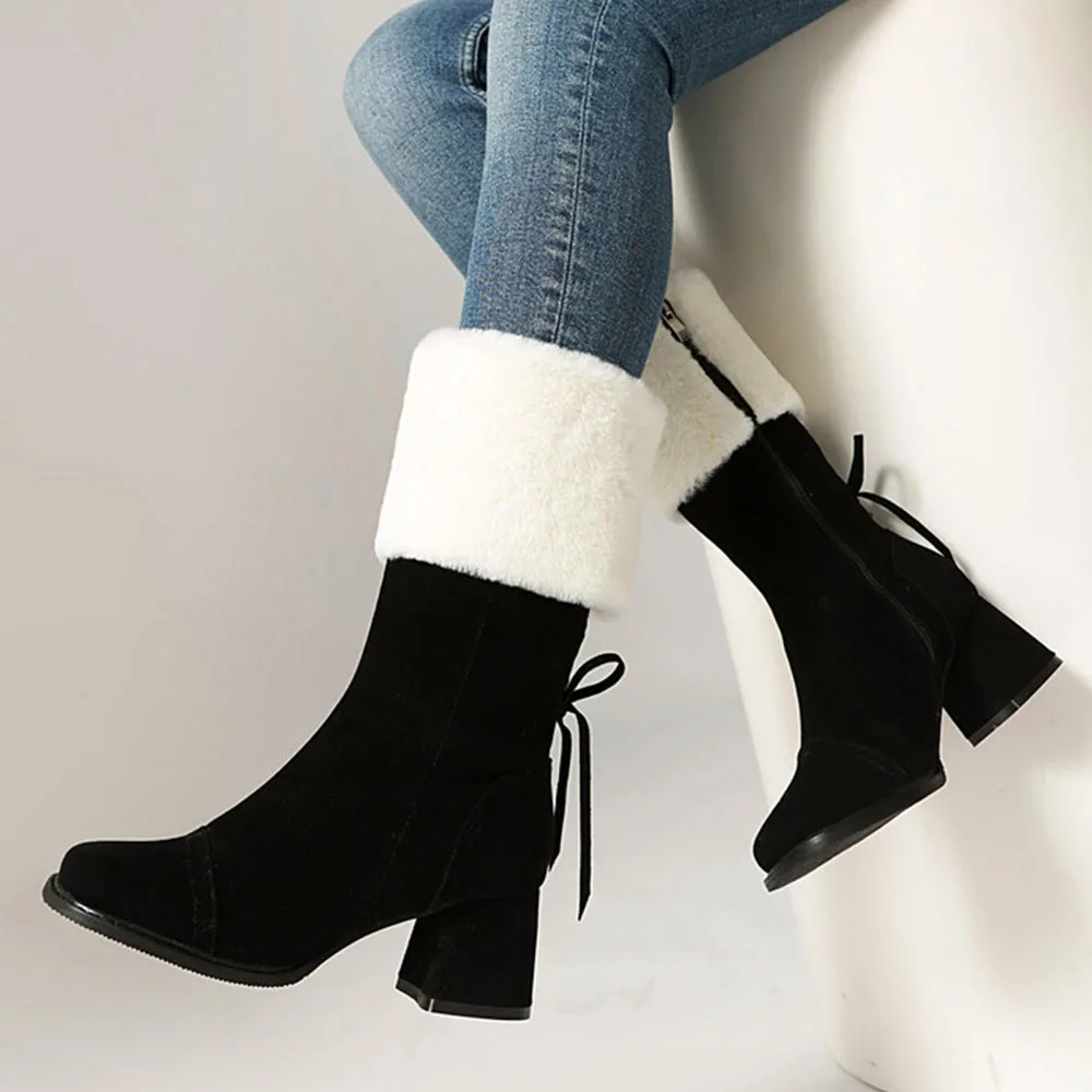 GIGIFOX Хутряные зимние теплые ботинки из флока на массивном высоком каблуке с