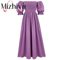 mizhiyu 2022 summer fashion pleated sexy dress women collarless short sleeve purple dress club elastic waist long skirt womens