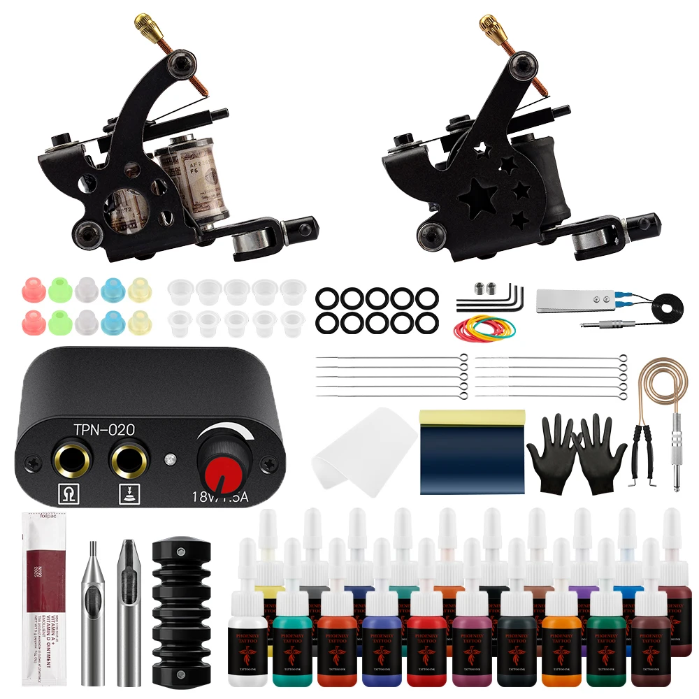 

Phoenixy Two Tattoo Machine Gun Kit with Tattoo Power Supply Needles Permanent Inks Professional Tattoo Supplies Body Art Set