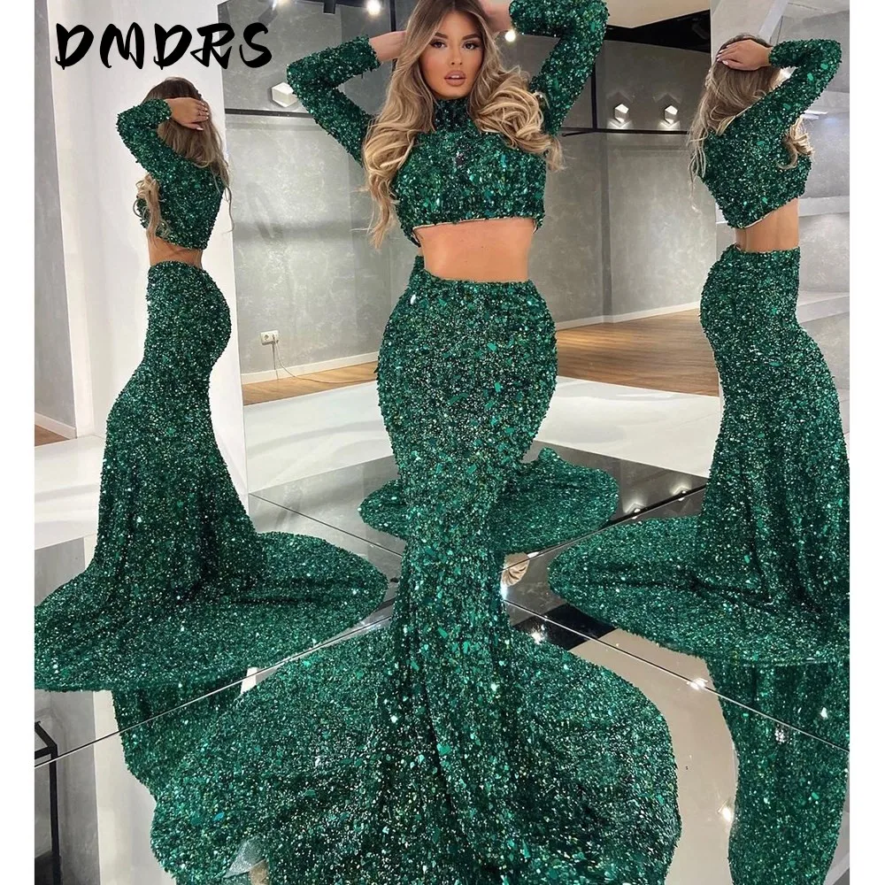 

Sexy Dark Green Sequins Two Pieces Mermaid Prom Dresses Full Sleeves Long Party Dress Women Gowns Customized Robe De Soiree