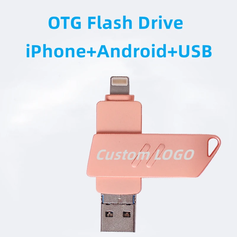 

New Free Custom LOGO Color Metal Rotary OTG 3 IN 1 Flash Drive iPhone+Android+USB3.0 16GB 32GB 64GB 128GB Memory Stick
