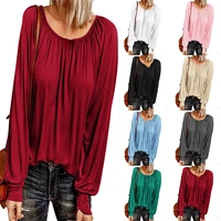 spring and autumn new solid color round neck casual pleated long sleeved top womens fashion all match t shirt lady female
