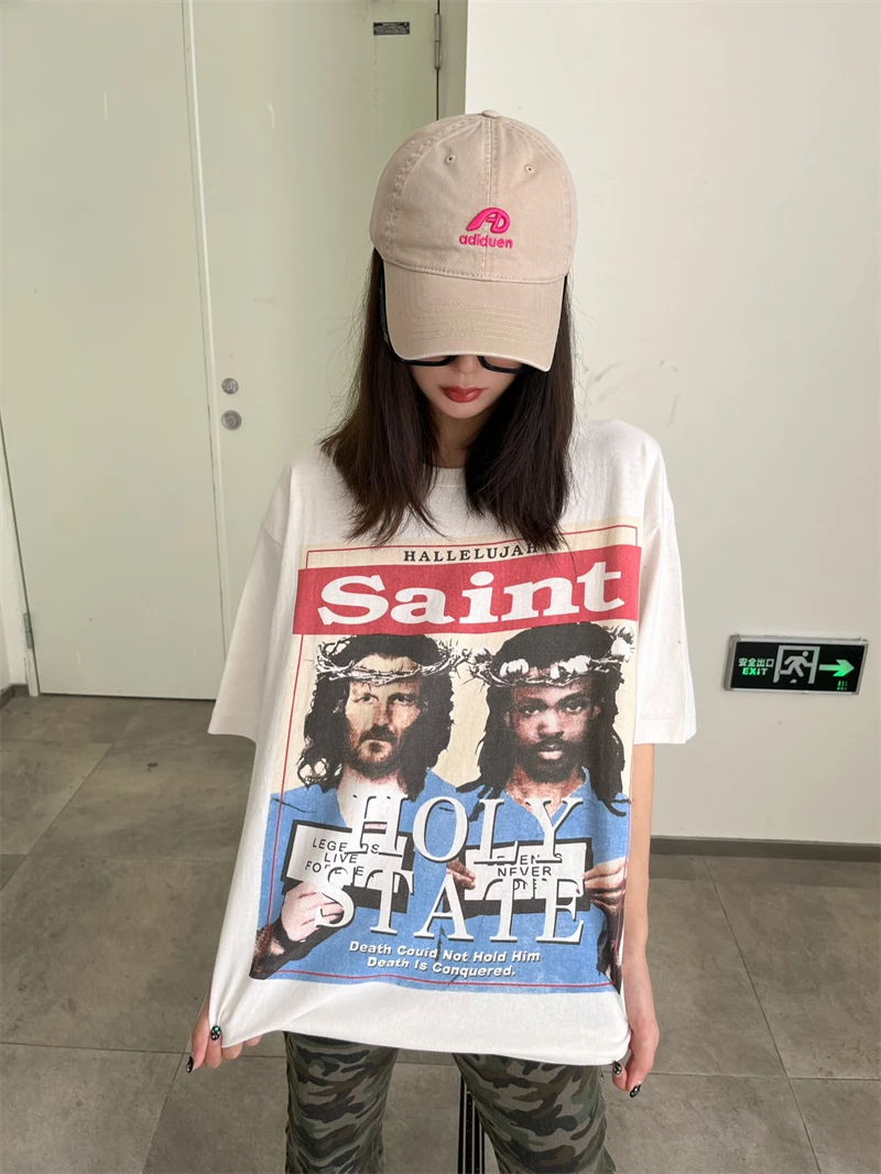 

Saint Michael portrait letter slogan printed short-sleeved high street retro washed old oversized T-shirt loose men and women