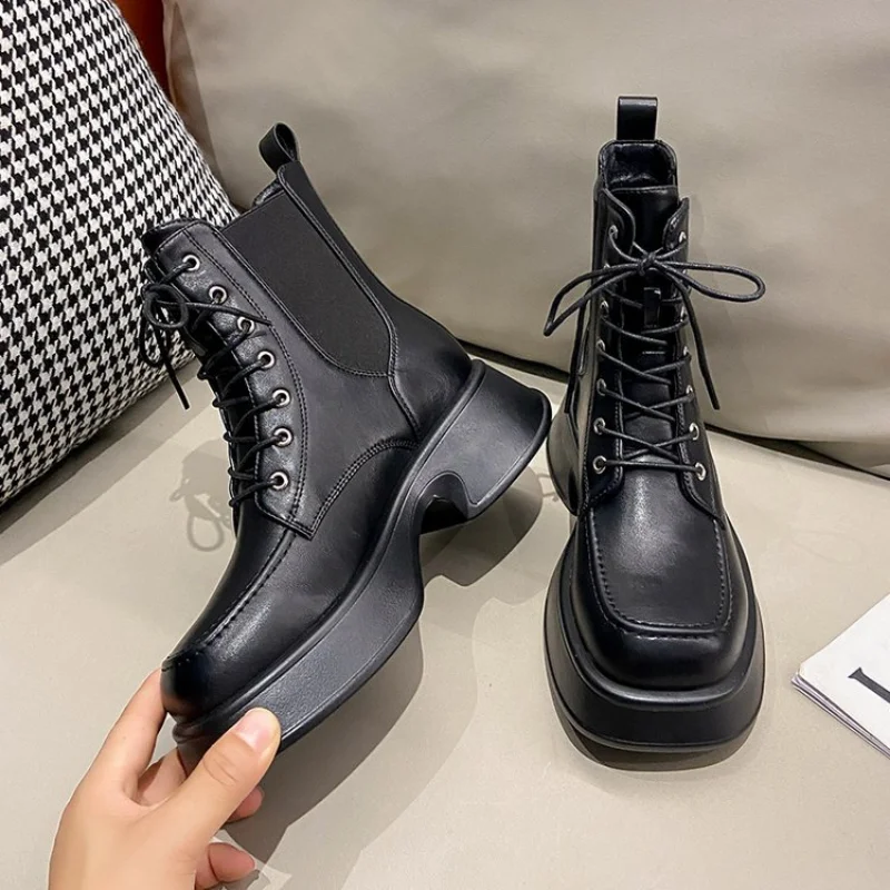 2023 Women's Shoes Lace Up Boots Women Flat Heel Fashion Summer  Autumn Rubber Lolita Low Ankle Rock Ladies Cross-tie 35-40