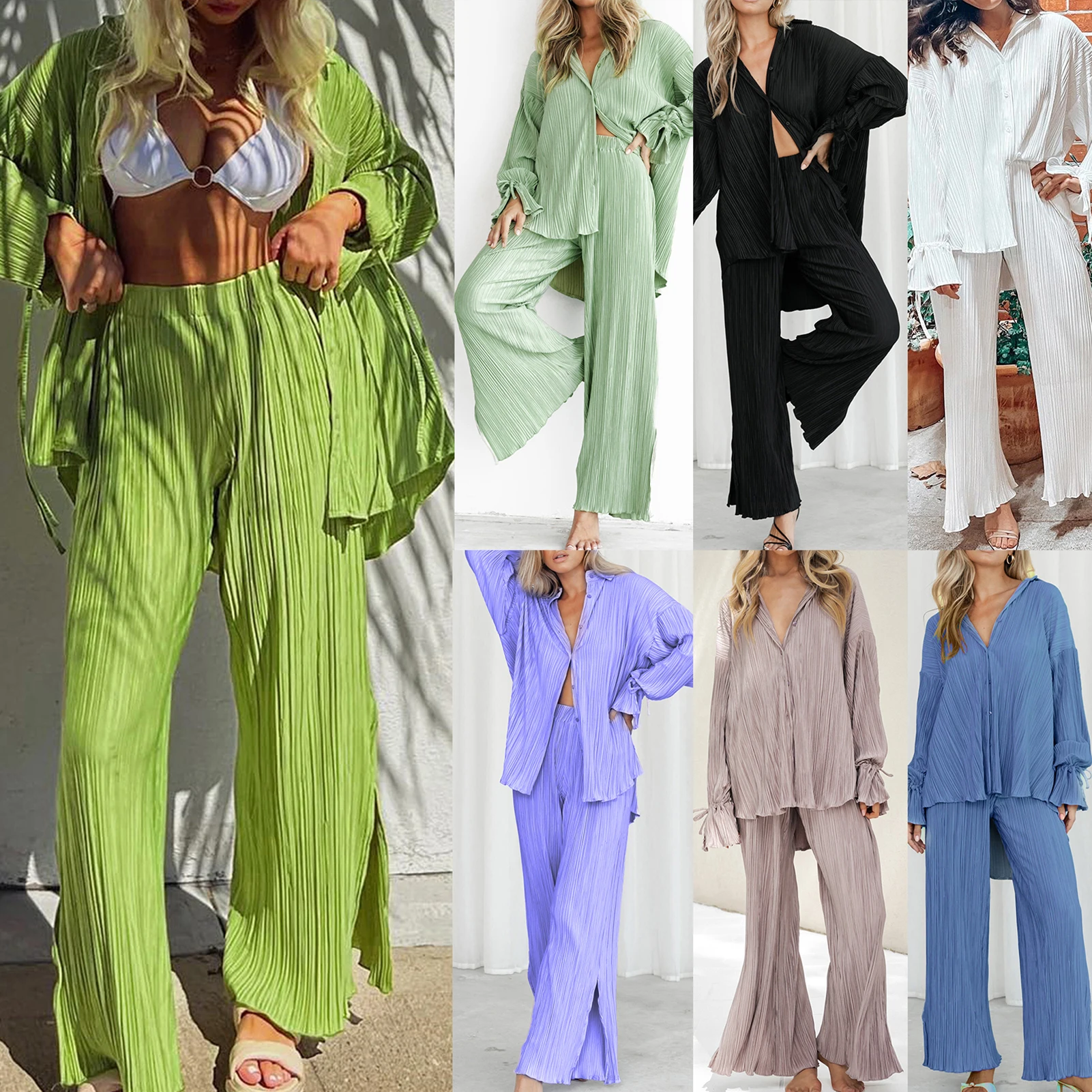 

Casual Long Sleeve Top Pants Suit Women 2023 Summer Loose Long Sleeve Shirt Two Piece Set Solid Lady Hawaiian Style 2 Piece Set