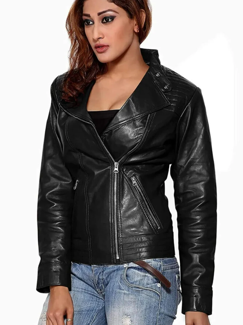 Women Stylish Slim Fit Leather Jacket Biker Moto Minimalist Jacket Genuine Leather Jacket Women