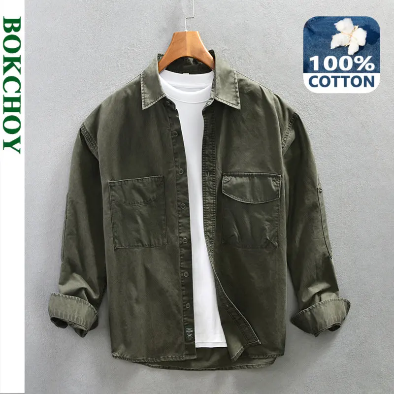 

2023 Spring New Retro Cargo Shirt Men Clothing Fashion 100% Cotton Casual Oversize Big Pockets AZ785