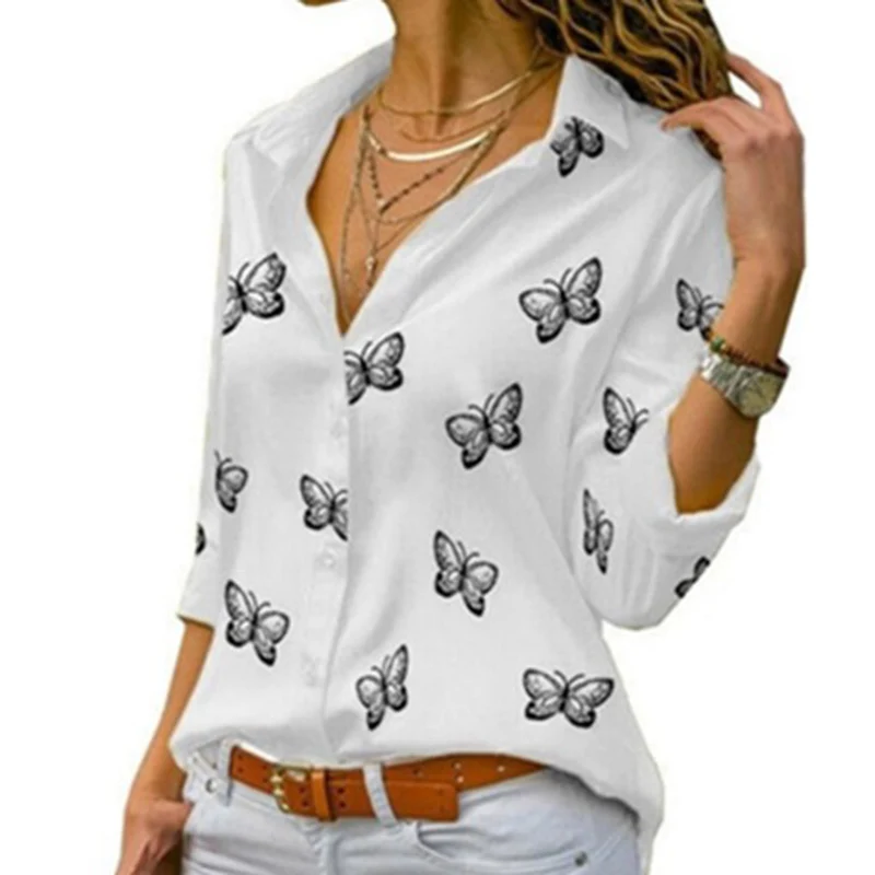 

QNPQYX 2022 Fashion Butterfly Print Women Blouses Long Sleeve Turn-down Collar Blouse Shirt Casual Tee Tops Elegant Work Shirt