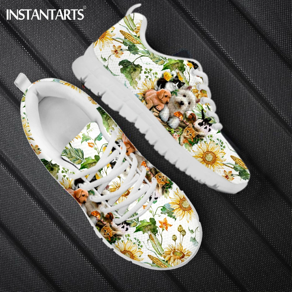 

INSTANTARTS Fashion Sunflower Print Ladies Casual Sneakers 3D Dog Design Women Flat Shoes Lightweight Lace up Footwear Zapatos
