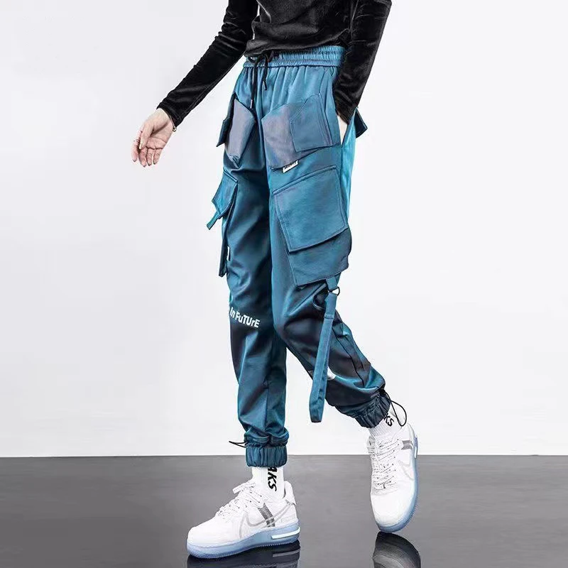 Hip Hop Joggers Men Letter Ribbons Cargo Pants Pockets Track Tactical Casual Techwear Male Trousers Sweatpants Sport Streetwear |