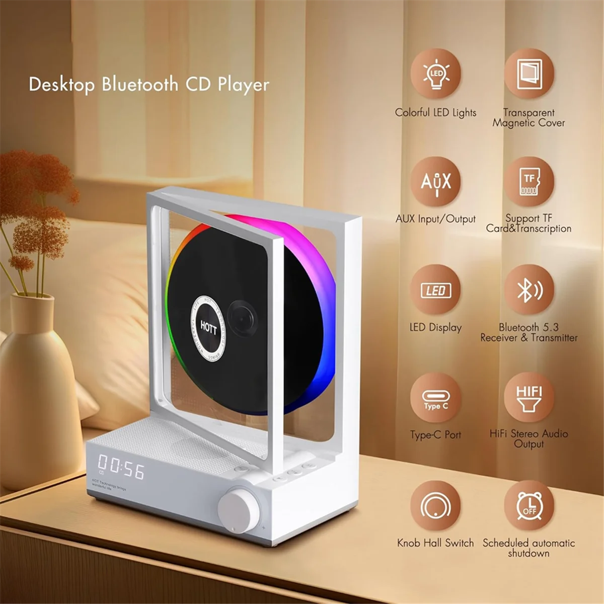 HOTT CD-плеер Портативный Bluetooth 5.3 Настольный с цветной подсветкой рецептом таймером